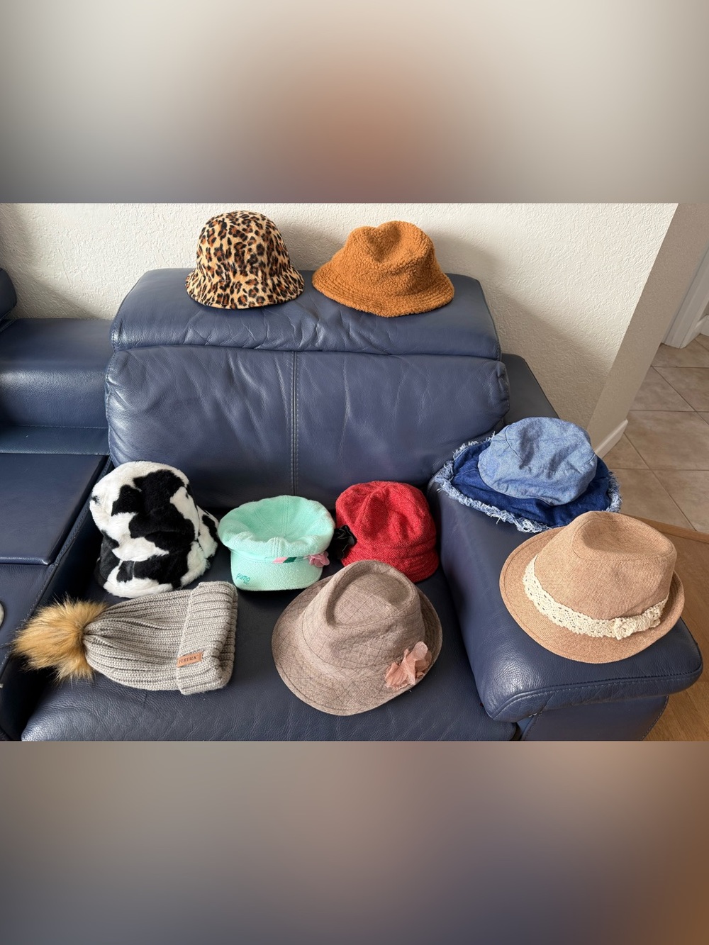 Bundle of 9 Women’s Fashion Fun Hats Fedora Bucket Leopard Cow Denim Clean Fall
